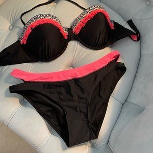 Two piece bikini- black
 & orange with embroidery